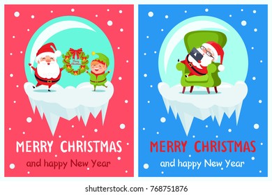 Merry Christmas and Happy New Year banners with Santa and Elf adventures in glass ball holding wreath and resting in armchair with tablet vector set