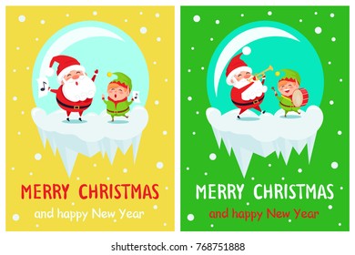 Merry Christmas and happy New Year, musical play and performance made by Santa Claus and his helper elf dressed in green, vector illustration