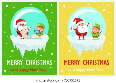 Merry Christmas and Happy New Year Elf and Santa reading list of gifts and singing in glass bowl, vector illustration isolated on green and yellow