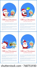 Merry Christmas Happy New Year posters Santa and Snow Maiden chatting in web, searching idea with stars over head, read wish list, listen music vector