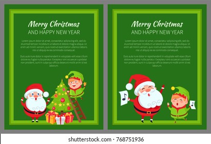 Merry Christmas and Happy New Year posters set Santa and Elf decorating Xmas tree, cute presents under plant, singing carol songs vector illustration