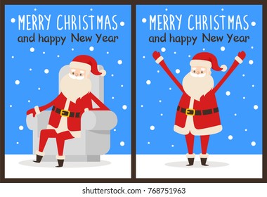 Merry Christmas and happy New Year Santa congrats on set of snowy posters. Vector illustration with happy smiling xmas symbol in different poses