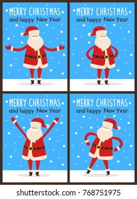 Merry Christmas and happy New Year Santa Claus set of snowy light posters. Vector illustration with congratulation from cute fairytale character