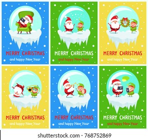 Merry Christmas and Happy New Year banners with Santa and Elf adventures rest in armchair, hold wreath, listen music, play trumpet and drum, read wish list