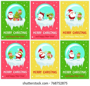 Merry Christmas and Happy New Year posters Santa and Elf in glass ball decorate tree on ladder, dance on cute music, sing carols, play trumpet vector