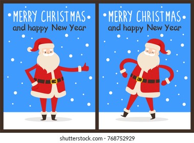 Merry Christmas and happy New Year Santa congrats on set of snowy posters. Vector illustration with happy smiling xmas symbol in different poses