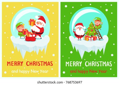 Merry Christmas and happy New Year, set of posters with Santa and his helper selecting presents for children and decorating tree vector illustration
