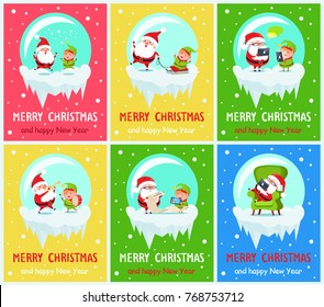 Merry Christmas and happy New Year, Santa and helper jumping, riding on sled, playing trumpet and drums, Claus sleeping, vector illustration