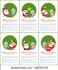 Merry Christmas and happy New Year, characters chatting, jumping and selecting gifts, Santa Claus and Snow Maiden isolated on vector illustration