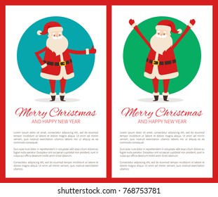 Merry Christmas and Happy New Year poster with Santa Claus in circle and place for text, Father Xmas showing thumb up and raises hands vector