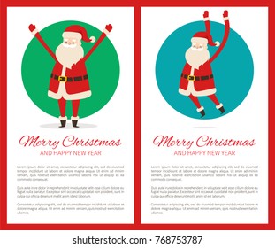 Merry Christmas and Happy New Year poster with Santa Claus in circle and place for text, Father Xmas symbol of winter holidays icon vector