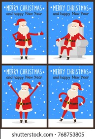 Merry Christmas and happy New Year Santa congrats on set of snowy posters. Vector illustration with happy smiling xmas symbol in different poses