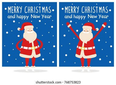 Merry Christmas and Happy New Year posters set Santa Claus with raised hands and put on waist vector illustration cartoon character on snowy backdrop