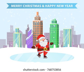 Merry Christmas happy New Year ice-skating Santa on frozen lake in snowy city park. Vector illustration with wintertime cityscape and fairy tale character