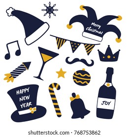 Merry Christmas happy New Year masquerade stuff isolated on white background. Vector illustration with festive hats, petards and alcoholic drinks