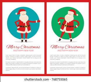 Merry Christmas and Happy New Year poster with Santa Claus in circle and place for text, Father Xmas showing thumb up and hands on waist vector