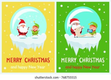 Merry Christmas and Happy New Year set of cards, cute Santa and Elf playing with snow and reading list of gifts in glass bowls, vector illustration