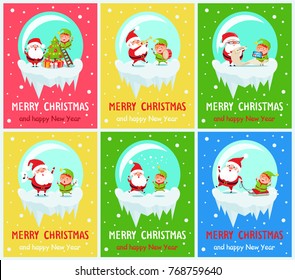Merry Christmas and happy New Year, Santas life, characters decorating pine tree, singing carols and holding notes, isolated on vector illustration