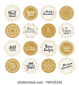 Merry Christmas, Happy New Year 2018, Best Wishes Round Stickers. Vector Set Of Christmas & New Year Holiday Handwritten Lettering Label, Emblem, Text Design. Pattern Brushes Are Included In EPS File.