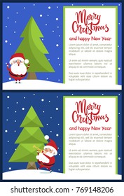 Merry Christmas and Happy New Year poster with Santa singing songs and plays the trumpet at night forest vector postcards with place for text vector