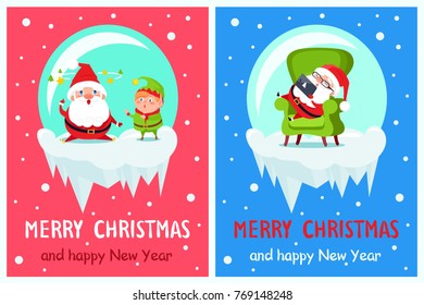 Merry Christmas and Happy New Year banners with Santa and Elf adventures in glass ball having headache and rest in armchair with tablet vector set