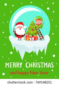 Merry Christmas and Happy New Year poster Santa Elf in glass ball decorate Xmas tree on ladder, present boxes under pine vector illustration on snow