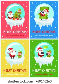 Merry Christmas and happy New Year, decorating tree with balls and stars, elf and Santa singing and looking at gadgets isolated on vector illustration