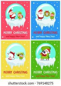 Merry Christmas and Happy New Year banners with Santa and Elf adventures playing on trumpet and drum, holding wreath, listen to music, rest in armchair