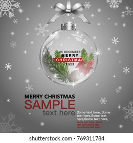 Merry Christmas and happy New Year. Typographical on shiny Xmas background with winter landscapes with winter snowflakes, light, star. Merry Christmas card. Vector illustration