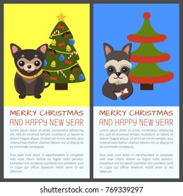 Merry Christmas and Happy New Year, banners set with dogs sitting calmly by pine tree ornate with garlands and bells with balls vector illustration