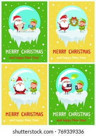 Merry Christmas and Happy New Year postcard Santa and Elf sending greetings via tablet, holding wreath, fatigue characters, reading wish list vector