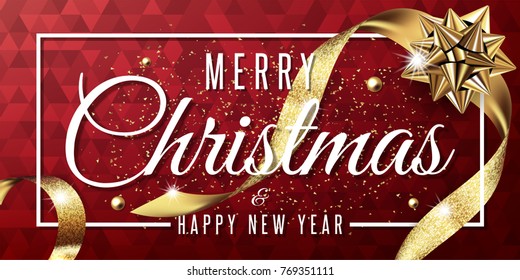 merry christmas and happy new year 2018  vector greeting card and poster design with golden ribbon,star and confetti.