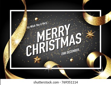 merry christmas and happy new year 2018  vector greeting card and poster design with golden ribbon,star and confetti.