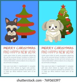 Merry Christmas and Happy New Year, banners set with dogs sitting calmly by pine tree ornate with garlands and bells with balls vector illustration
