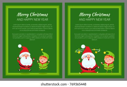 Merry Christmas and Happy New Year poster with Santa stars move over head and elf merrily jumping vector illustration web banners with text on green