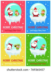 Merry Christmas Happy New Year greeting card Santa and Elf playing trumpet and drum, fatigue with stars over head, dancing at music, ride sleigh vector