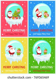 Merry Christmas and happy New Year, funny moments of Santa and elf, decorationg of tree, helper standing on ladder, letterings vector illustration