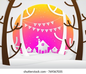 Merry Christmas and Happy new year 2018, Paper Art illustration design with home , tree and snow.