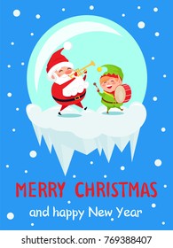 Merry Christmas and Happy New Year music poster Santa and Elf are playing on instruments in glass bowl vector illustration isolated on blue with snowfall