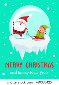 Merry Christmas and Happy New Year cheerful Santa and Elf are sledding in glass bowl vector illustration isolated on light green background with snowfall