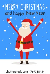 Merry Christmas and Happy New Year poster with Santa Claus. vector illustration cartoon character on snowy backdrop