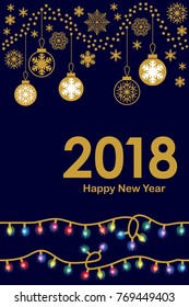 Merry Christmas and Happy New Year card. Golden snowflakes and festive garland on black background.