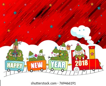 Merry Christmas and Happy new year collection character of Santa Claus cartoon has many friends such as bear, reindeer, snow man, penguin and seals. Ride on the train of joy for vector