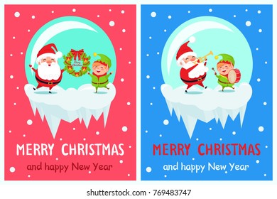 Merry Christmas and Happy New Year greeting card with Santa and Elf holding decorative wreath and playing on drum and trumpet vector cartoon heroes