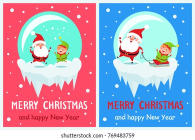 Merry Christmas and happy New Year, jumping Santa Claus and elf, helper in green costume sitting on sled and man pulling him vector illustration
