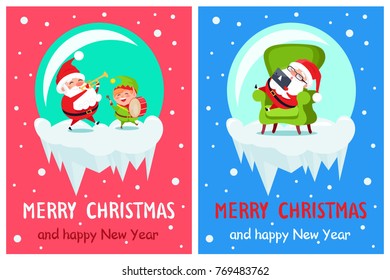 Merry Christmas and happy New Year posters set, winter characters playing trumpet and drums, Santa Claus sleeping with laptop vector illustration