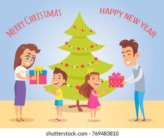 Merry Christmas and happy New Year, happiness in childrens eyes because of presents and wintertime, tree and headline isolated on vector illustration