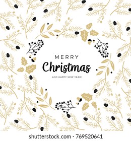 Merry Christmas and Happy New Year greeting card with black and gold branches and pine cones.