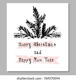 Merry Christmas, Happy New Year Hand Drawn christmas tree branch  isolated on white. Cute xmas holiday background for postcards, invitations, greeting cards, banners, posters, etc. Made in vector