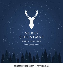 Merry Christmas and Happy New Year with silhouette of reindeer head and   pine or spruce tree. Template design for xmas and holiday. Vector illustration